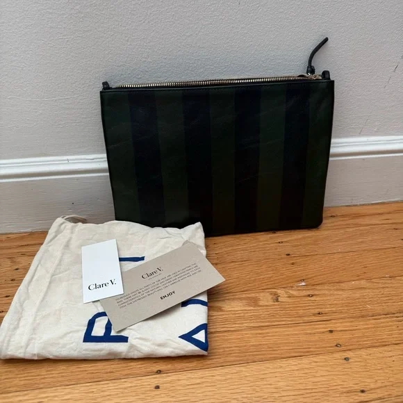 Clare V Green and Black Striped Flat Clutch - Picture 6 of 8